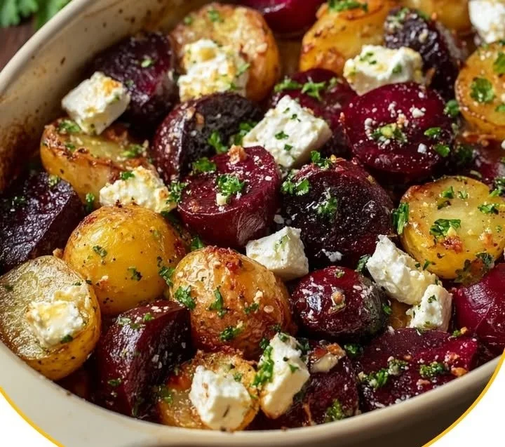 Ofenkartoffeln mit Roter Bete, Feta und karamellisierten Zwiebeln auf einem Teller