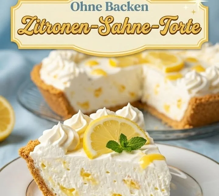 Ohne Backen Zitronen-Sahne-Torte mit frischer Zitronenfüllung und Sahne