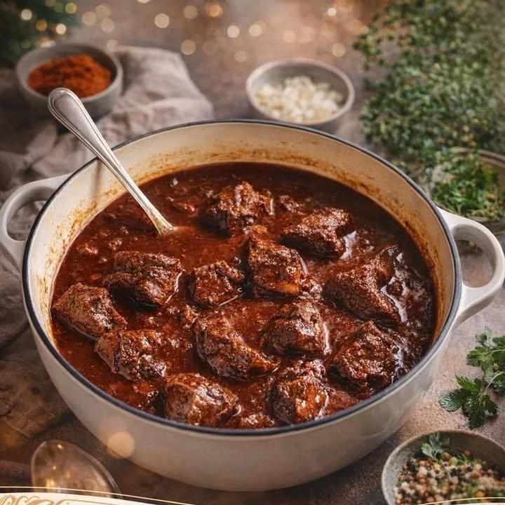 Eine leckere Schüssel Omas Gulasch mit frischem Brot auf dem Tisch.