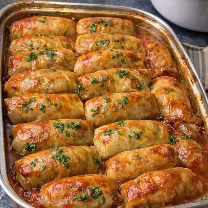 Traditionelle Omas Kohrouladen mit herzhaftem Füllung, serviert auf einem Teller.