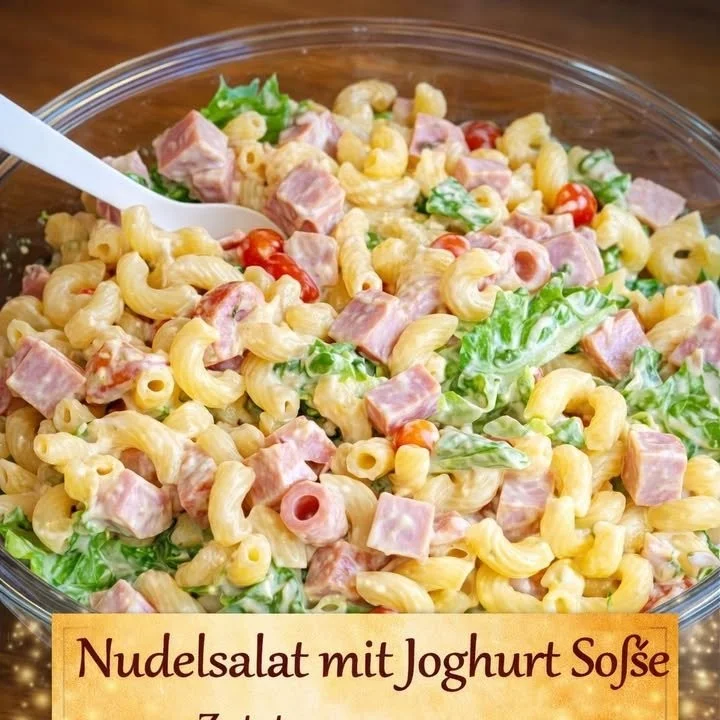 Omis Nudelsalat mit Joghurtsoße auf einem Teller angerichtet