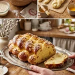Traditioneller Osterzopf frisch gebacken auf einem Tisch.