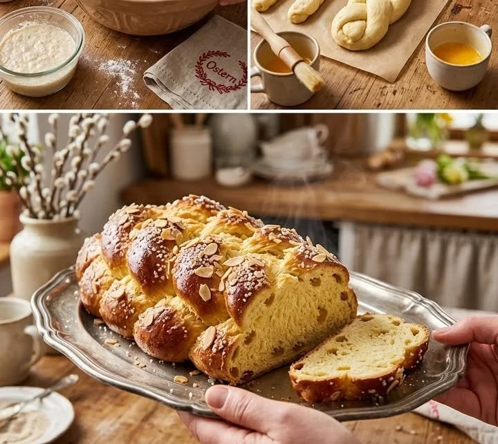 Traditioneller Osterzopf frisch gebacken auf einem Tisch.