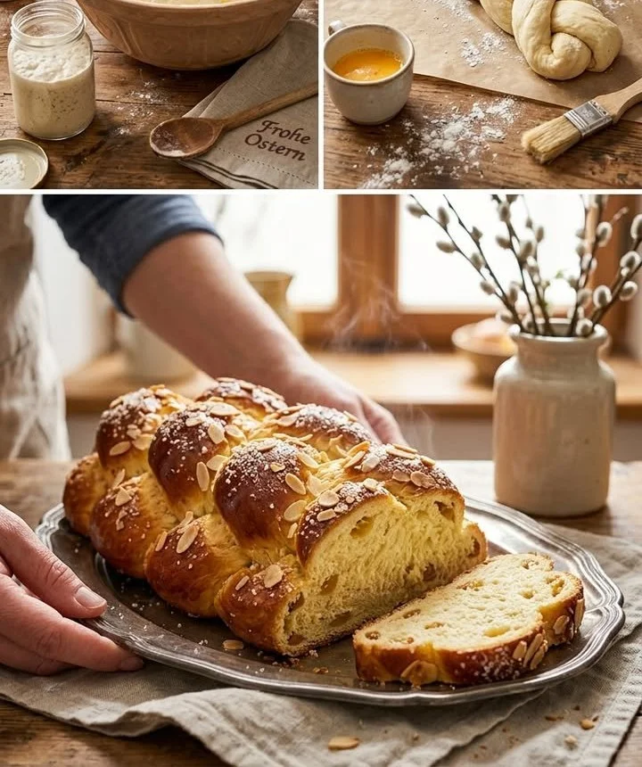 Hausgemachter Osterzopf, ein traditionelles Hefegebäck für Ostern.