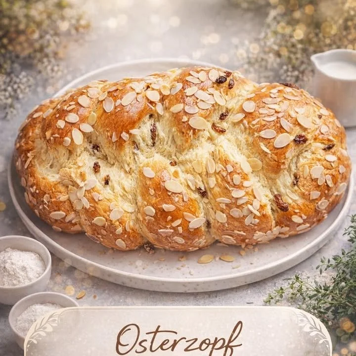 Traditioneller Osterzopf wie früher, frisch gebacken auf einem Holzbrett.