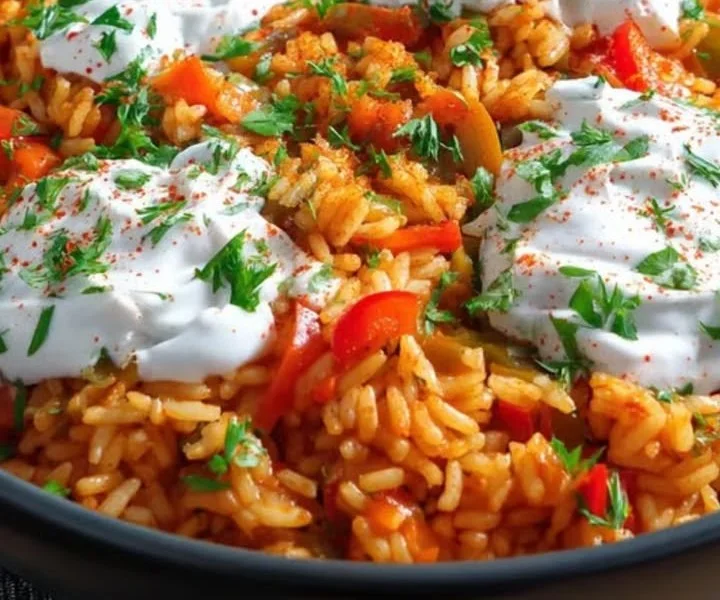 Paprika-Reis-Pfanne mit Joghurtsoße in einer bunten Schüssel