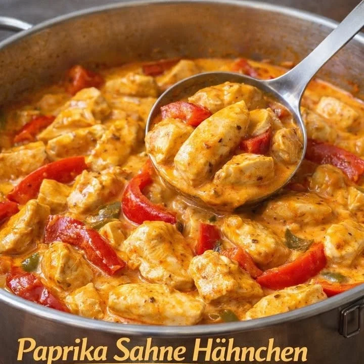 Köstliches Paprika Hähnchen in Sahnesauce auf einem Teller serviert