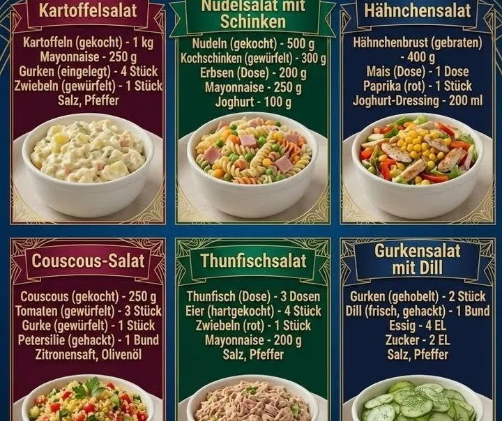 Vielfältige und leckere party-perfekte Salate auf einem Tisch angerichtet.