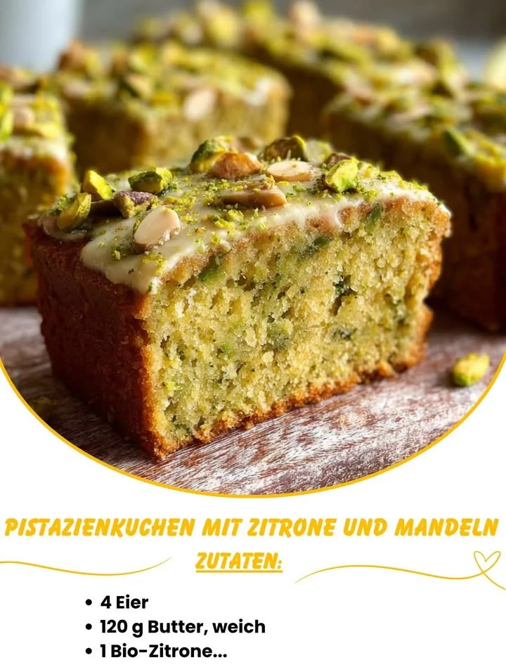 Pistazienkuchen mit Zitrone und Mandeln, bunt garniert und appetitlich angerichtet.