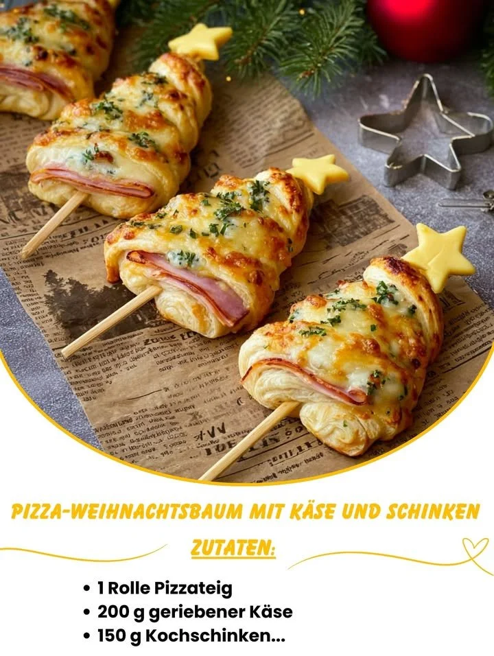 Pizza-Weihnachtsbaum mit Käse und Schinken als festliche Speise
