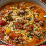 Eine Schüssel leckere Pizzasuppe im Pizzastil mit frischen Zutaten