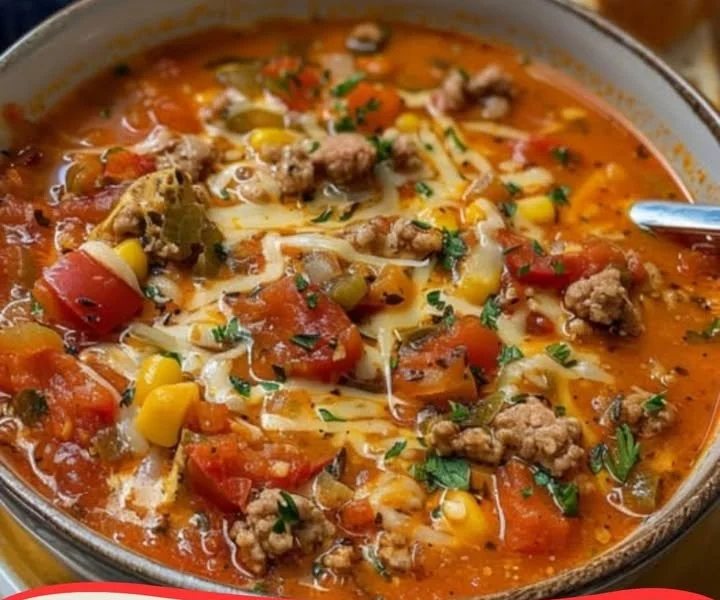 Eine Schüssel leckere Pizzasuppe im Pizzastil mit frischen Zutaten