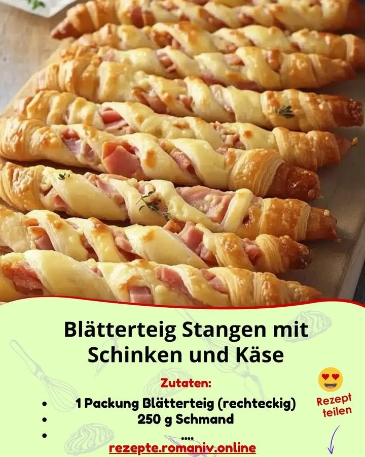 Puff Pastry Sticks filled with ham and cheese on a wooden board