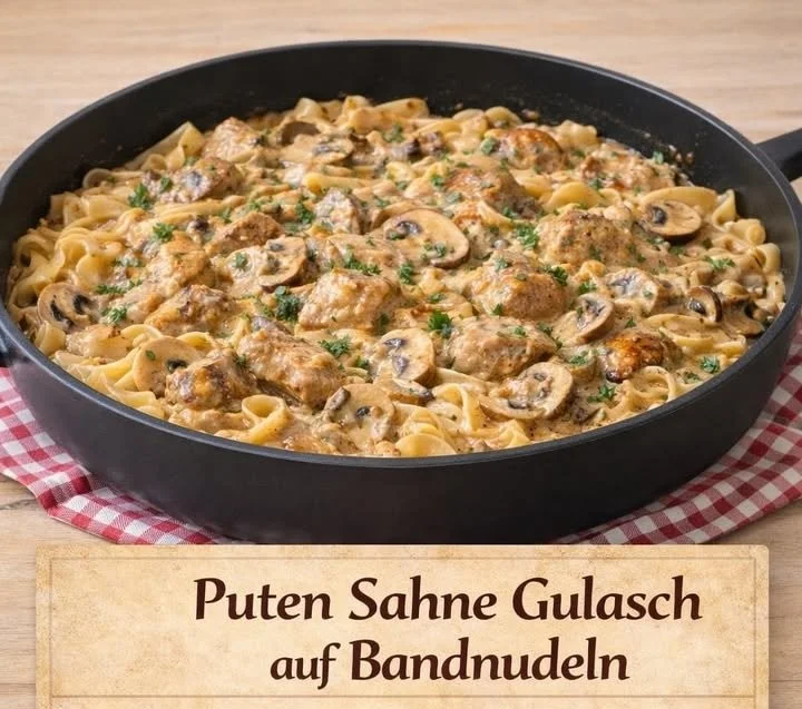 Puten-Sahne-Gulasch serviert auf Bandnudeln mit frischen Kräutern