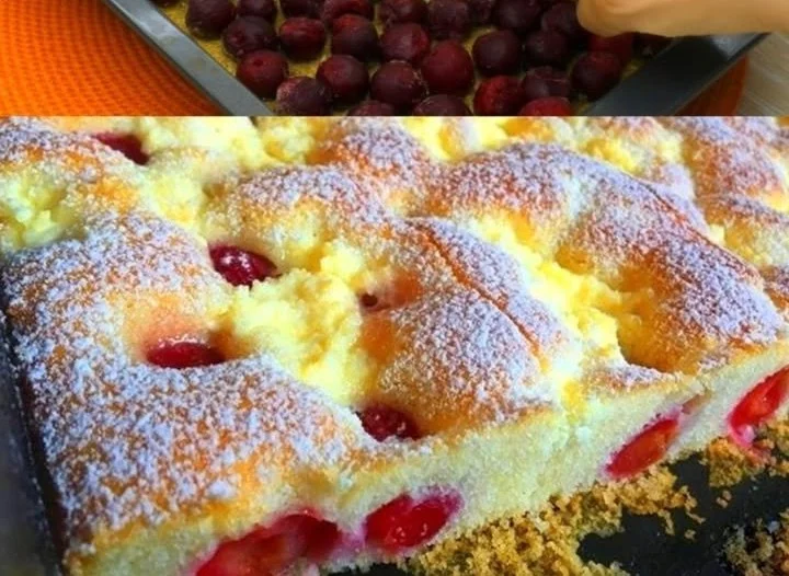 Ein köstlicher Quark Kirschkuchen auf einem weißen Teller