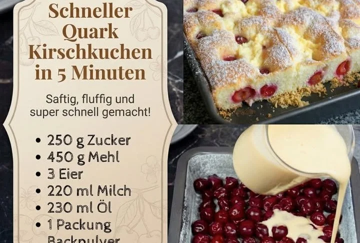 Quark-Kirschkuchen mit frischen Kirschen und Quarkfüllung