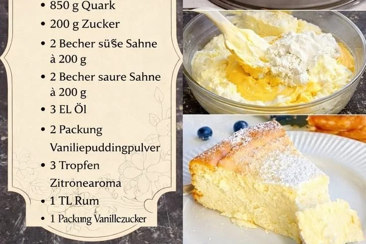 Leckerer Quarkkuchen mit Vanillepudding auf einem Teller