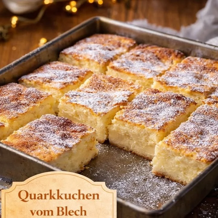 Quarkkuchen vom Blech mit Vanillepudding auf einem Teller serviert.