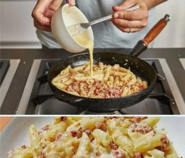 Schnelle Ham Noodles mit Sauerrahmsauce auf einem Teller serviert