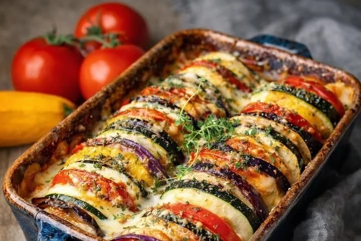 Gesundes, kohlenhydratarmes Ratatouille aus dem Ofen mit frischem Gemüse.