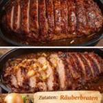 Räuberbraten – zartes Fleisch mit würziger Sauce und frischem Gemüse auf einem Teller
