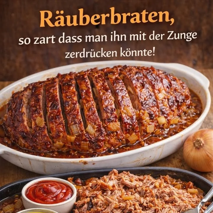 Saftiger Räuberbraten mit Gemüse und Sauce auf einem Teller