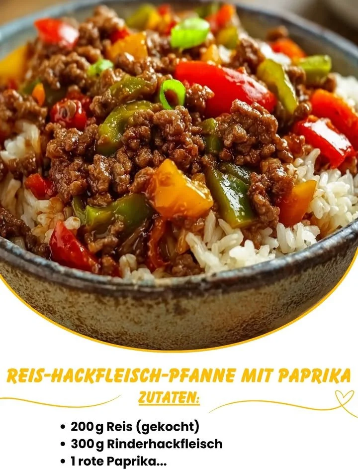 Reis-Hackfleisch-Pfanne mit Paprika auf einem Teller serviert