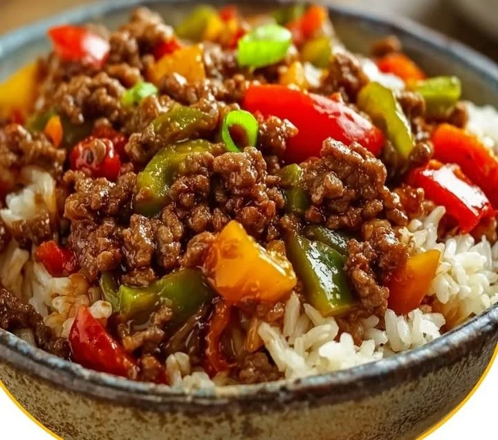 Reis-Hackfleisch-Pfanne mit Paprika auf einem Teller serviert