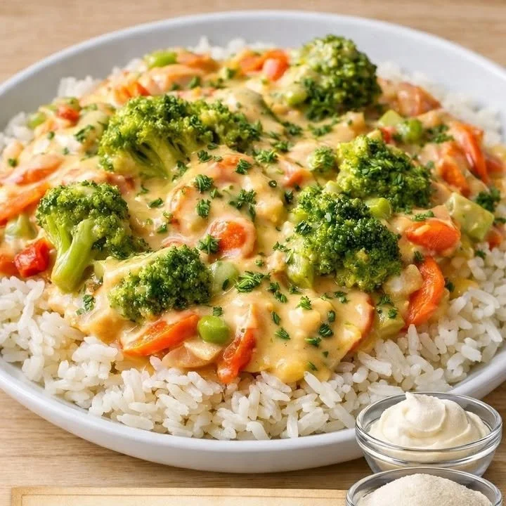 Reis mit Gemüse und Frischkäse-Sauce auf einem Teller serviert