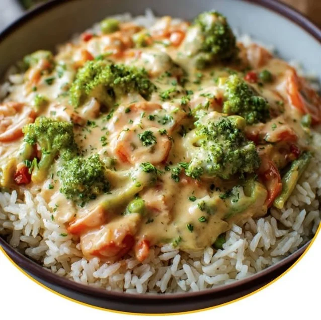 Reis mit Gemüse-Frischkäse-Sauce auf einem Teller serviert