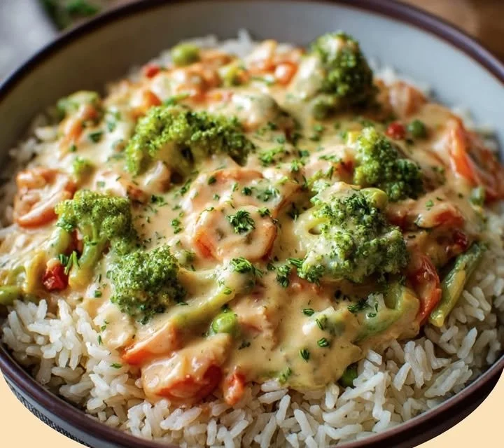 Reis mit Gemüse-Frischkäse-Sauce auf einem Teller serviert