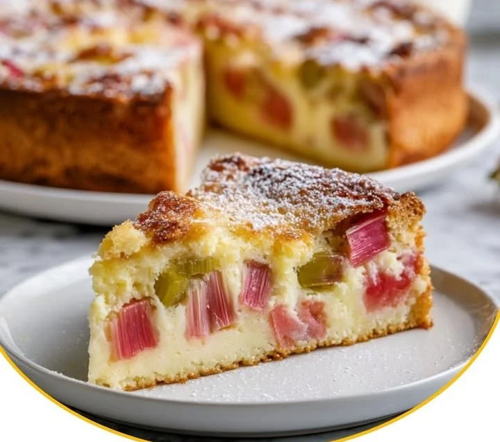 Leckerer Rhabarber-Pudding-Kuchen auf einem Teller