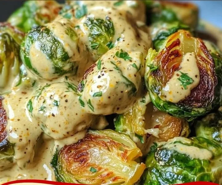 Rosenkohl in Frischkäse-Senf-Sauce serviert auf einem Teller