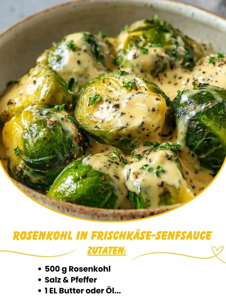 Rosenkohl in Frischkäse-Senfsauce auf einem Teller angerichtet