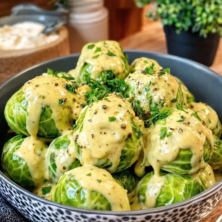 Rosenkohl in einer cremigen Frischkäse-Senfsauce serviert