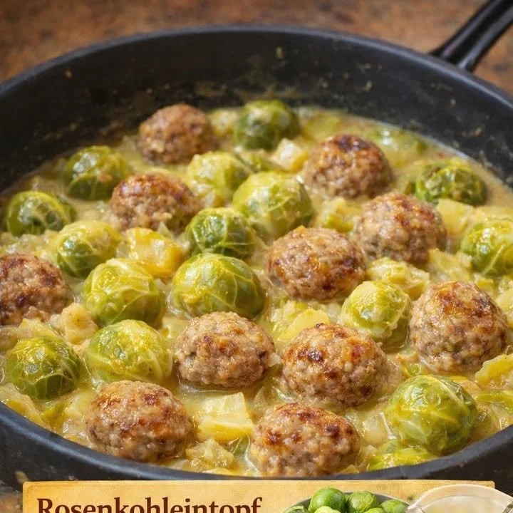 Rosenkohleintopf mit saftigen Hackbällchen in einem bunten Topf serviert.