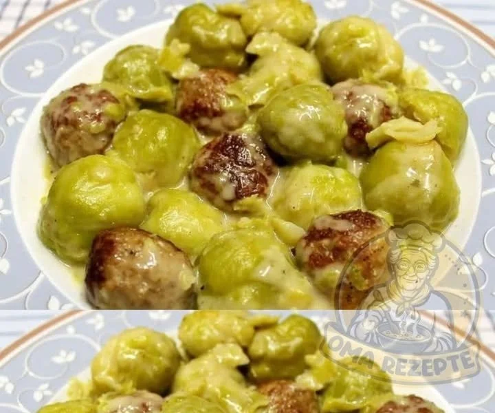 Rosenkohleintopf mit Hackbällchen in einer Schüssel serviert