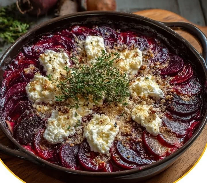 Rote-Bete-Gratin mit Ziegenkäse serviert auf einem Teller