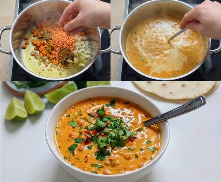 Rote Linsen Curry Suppe mit Kokosmilch und Limette in einer Schale serviert