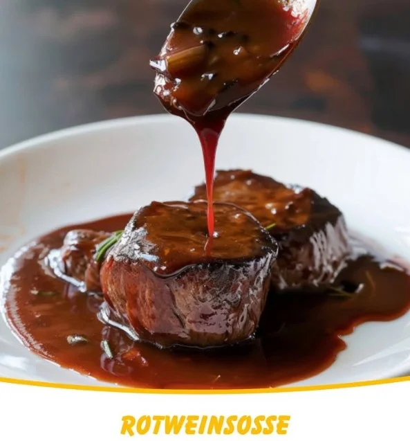 Selbstgemachte Rotweinsoße in einer Schüssel, ideal für Fleischgerichte.