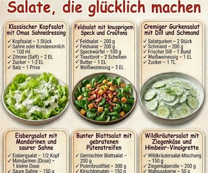 Verschiedene Salate auf einem Tisch, ideal für kreative Salatrezepte