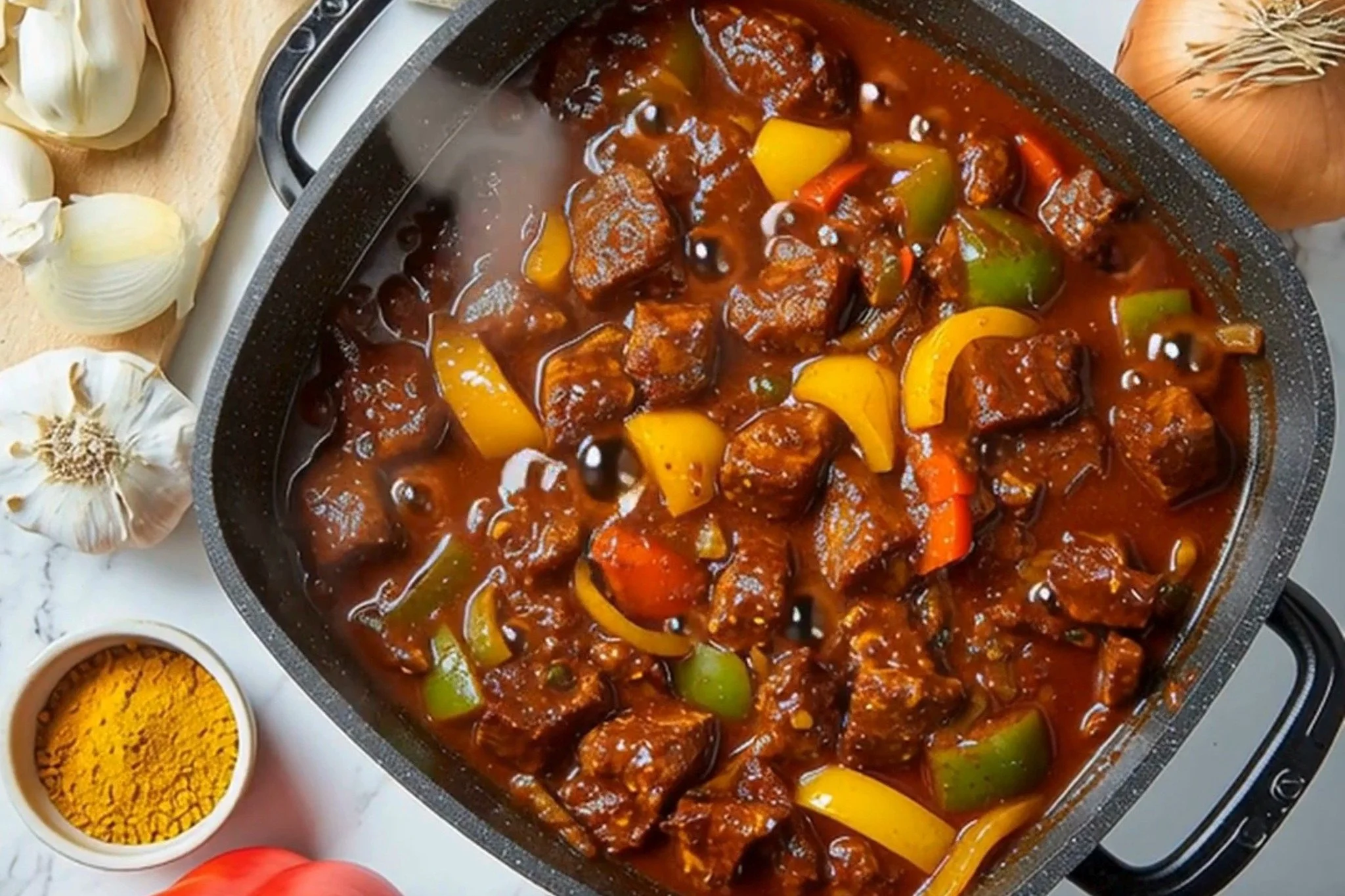 Schaschliktopf aus dem Backofen mit Gemüse und Fleisch