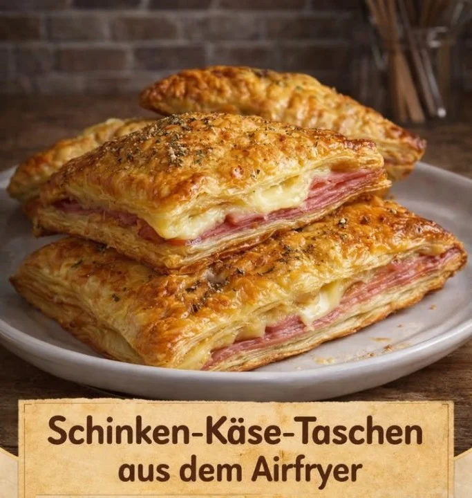 Schinken-Käse-Taschen frisch aus dem Airfryer auf einem Teller serviert