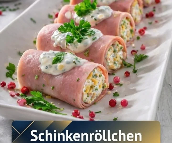 Schinkenröllchen mit Ei auf einem Teller angerichtet