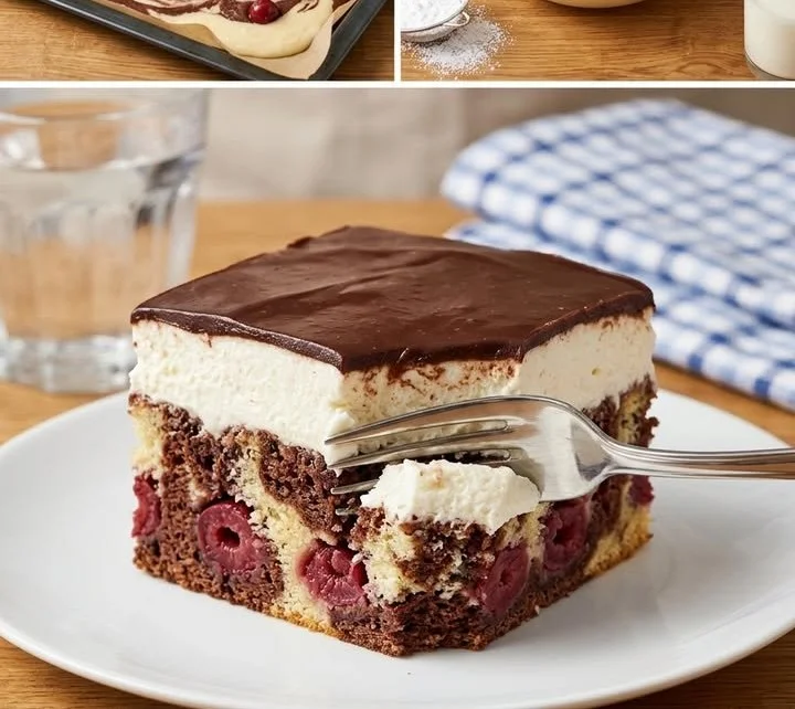 Leckeres Stück Schneewittchenkuchen mit Schokolade und Sahne