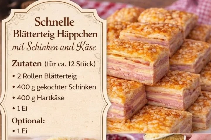 Schnelle Blätterteig Häppchen mit Schinken und Käse auf einem Teller