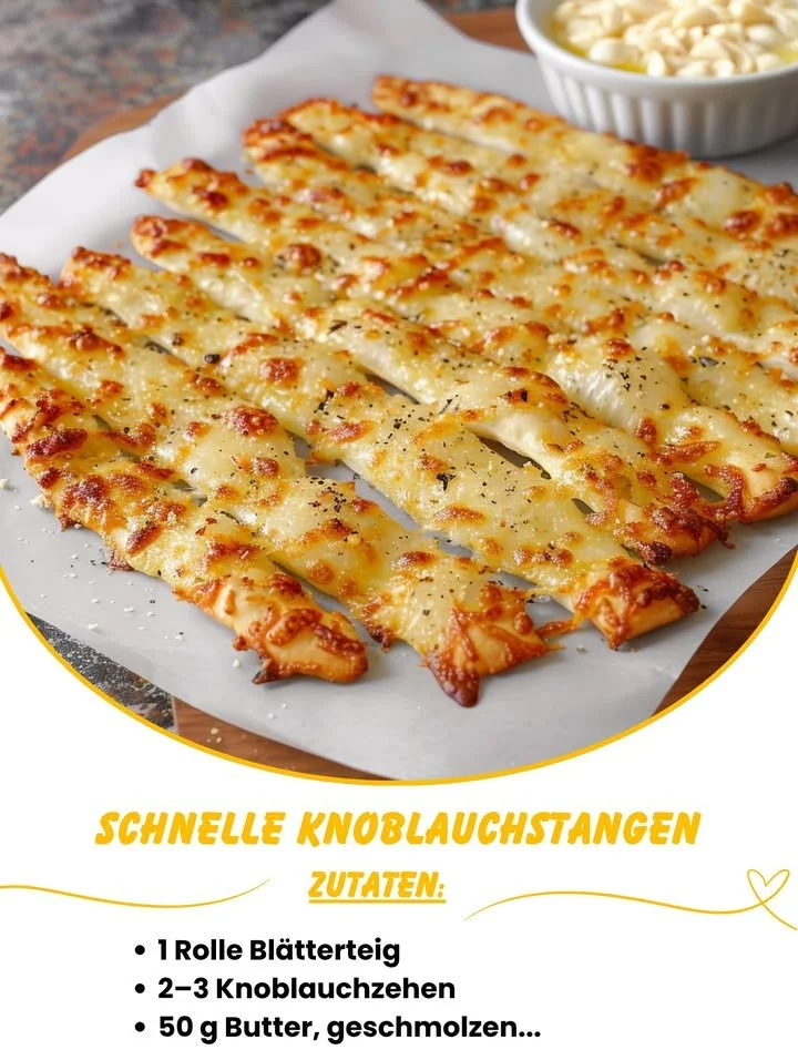 Schnelle Knoblauchstangen frisch gebacken auf einem Holzbrett