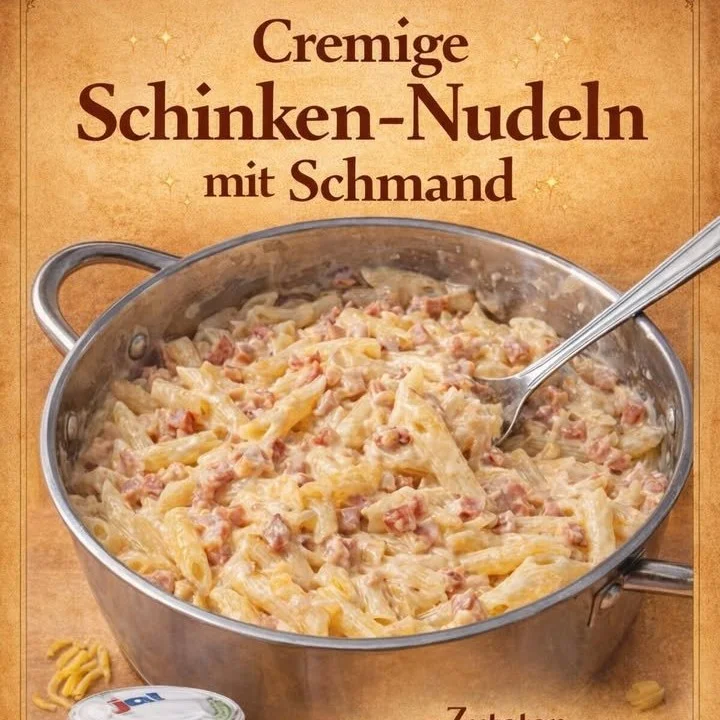 Schnelle Nudeln mit Schinken und Zwiebeln auf einem Teller serviert