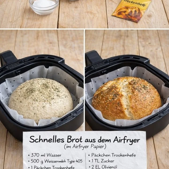 Schnelles Brot aus dem Airfryer, frisch gebacken und knusprig