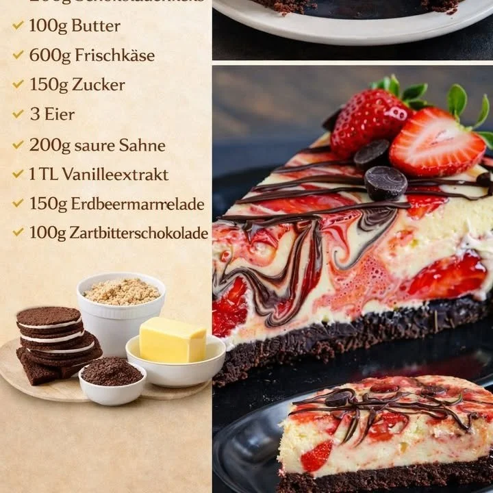 Schoko Erdbeer Käsekuchen auf einem dekorativen Teller